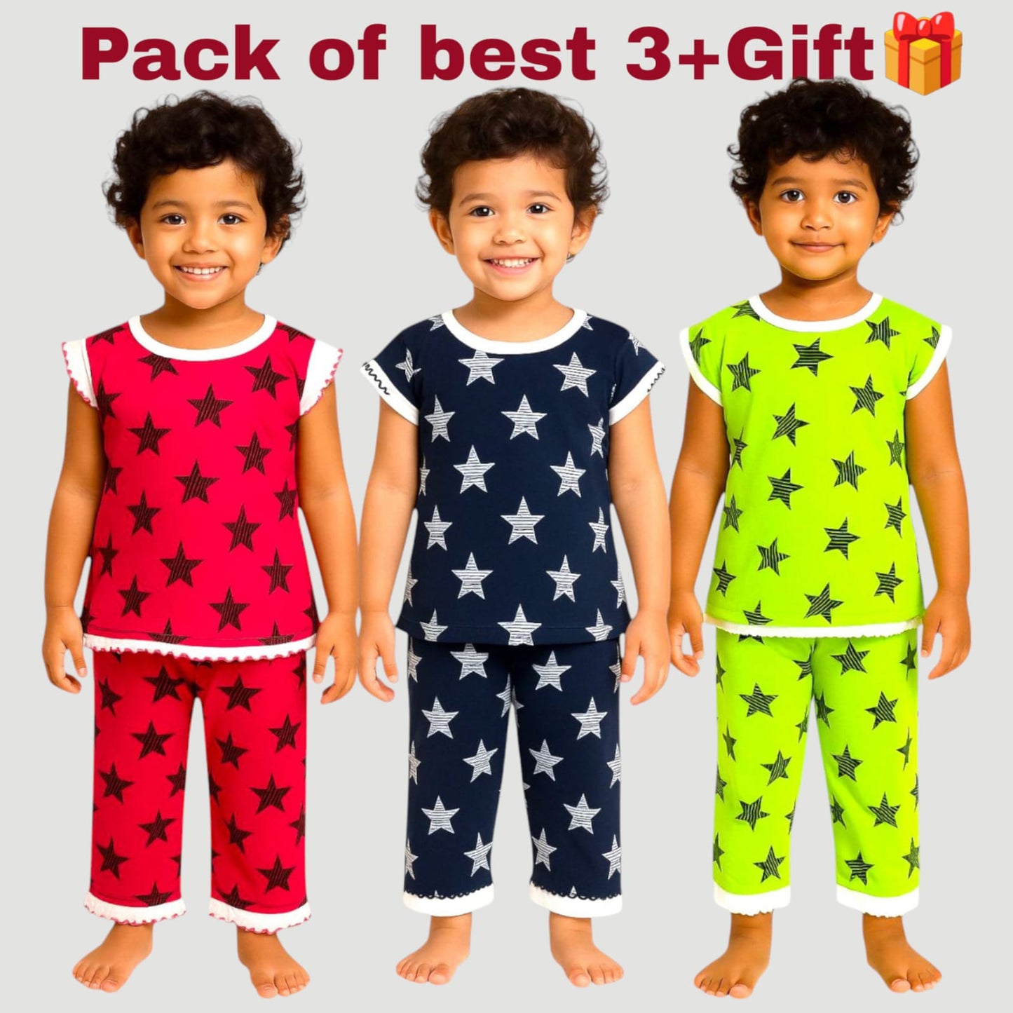 Pack of best 3 - Girls’ Star Printed Clothing Set – Top & Pyjama (Age 0-3 Yrs)