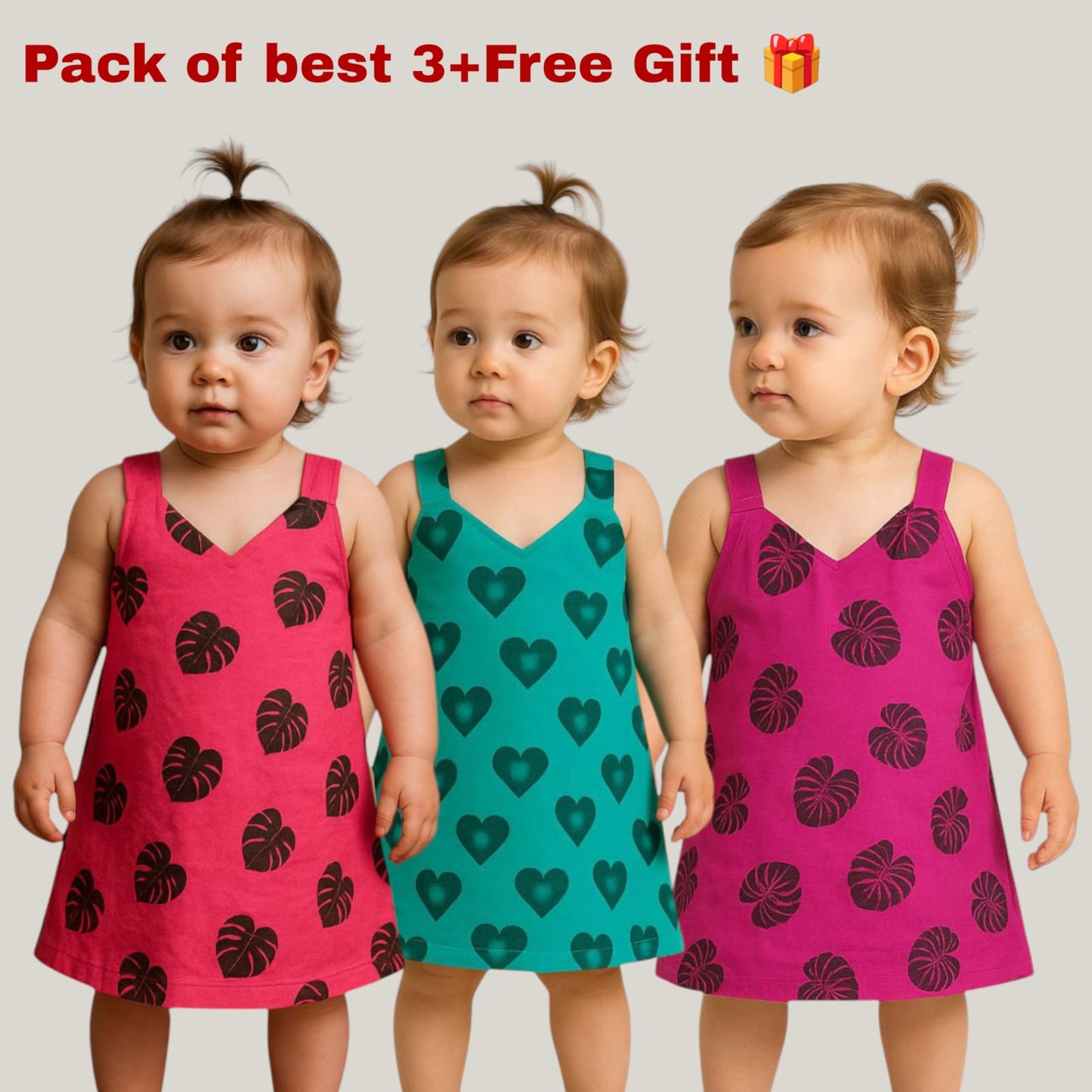 Pack of best 3 - Girls Cotton Sleeveless Dress Age (0-3 Yrs)