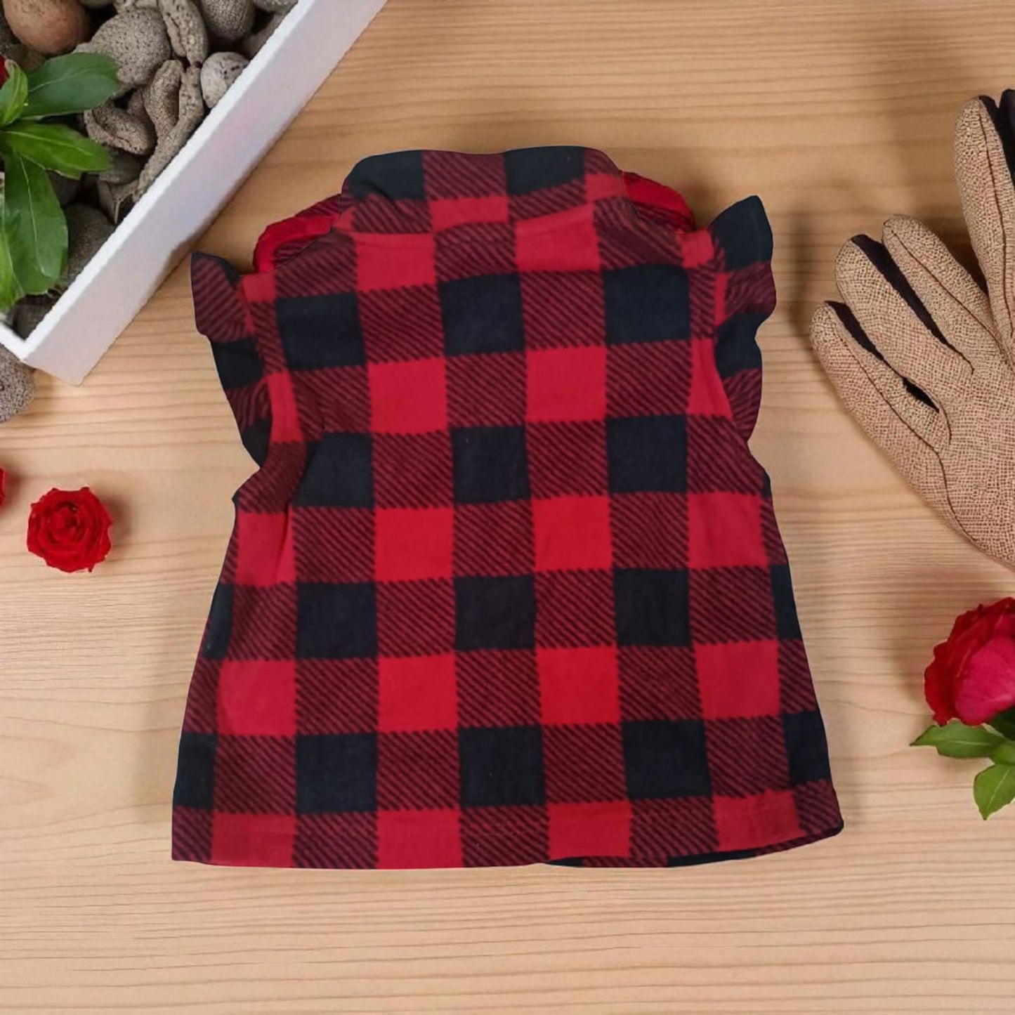 Girls’ Red &amp; Black Checkered Winter Dress with Faux Fur Collar
