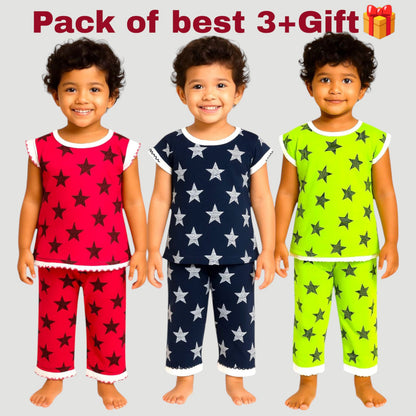 Pack of best 3 - Girls’ Star Printed Clothing Set – Top & Pyjama (Age 0-3 Yrs)
