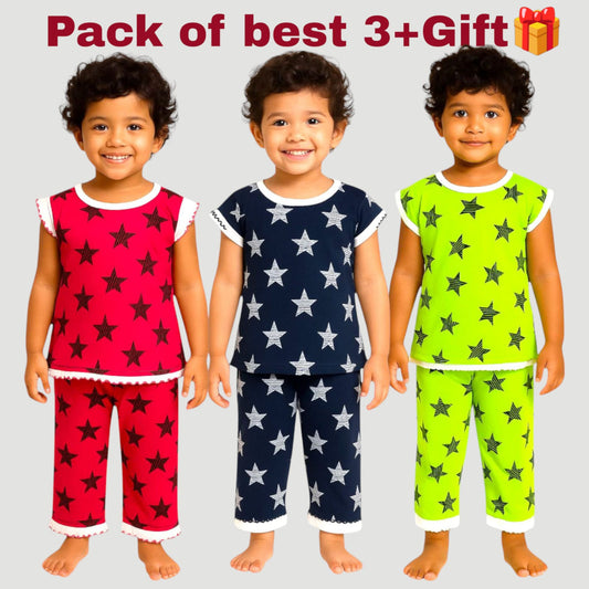 Pack of best 3 - Girls’ Star Printed Clothing Set – Top & Pyjama (Age 0-3 Yrs)