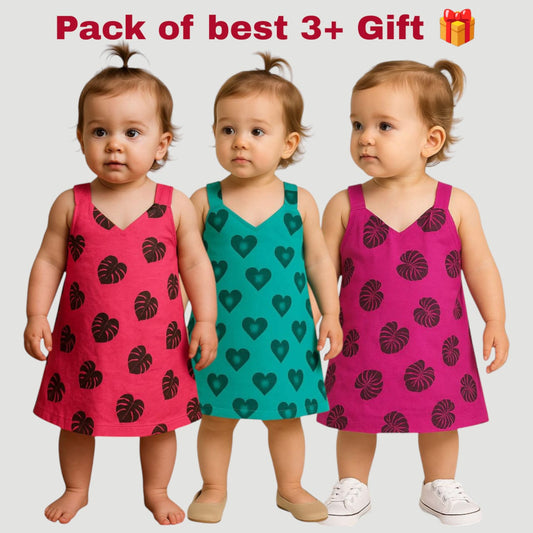 Pack of 3 - Girls Teal Multicolor Sleeveless Dress Age (0-3 Yrs)