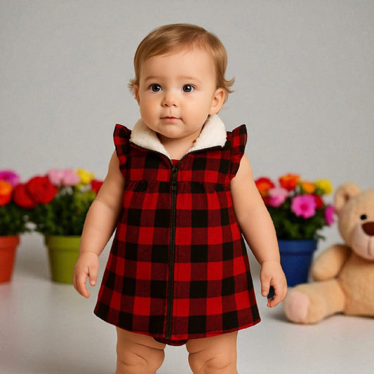 Girls’ Red &amp; Black Checkered Winter Dress with Faux Fur Collar
