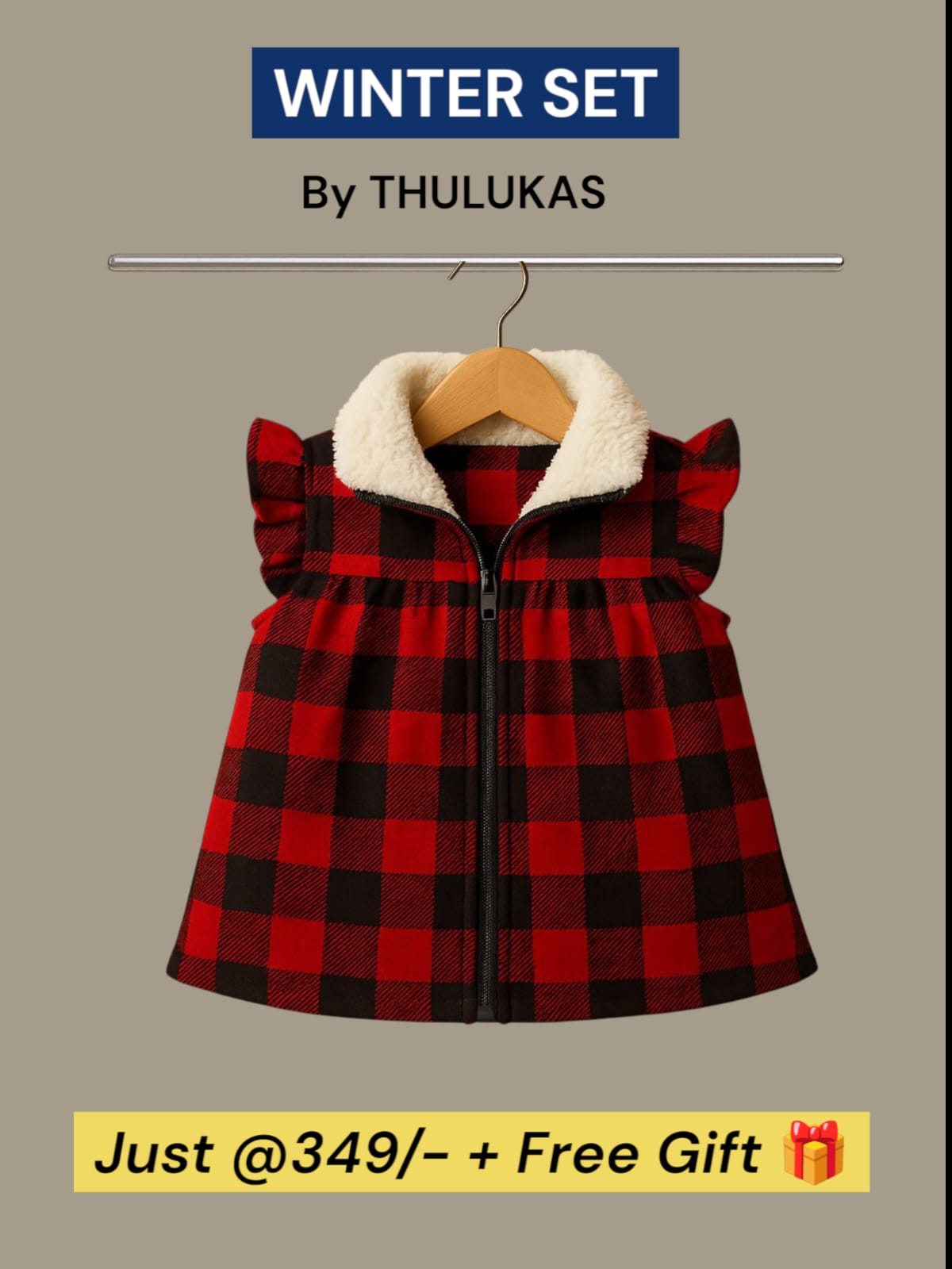 Girls’ Red &amp; Black Checkered Winter Dress with Faux Fur Collar