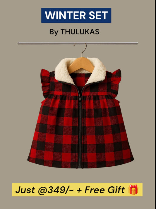 Girls’ Red &amp; Black Checkered Winter Dress with Faux Fur Collar