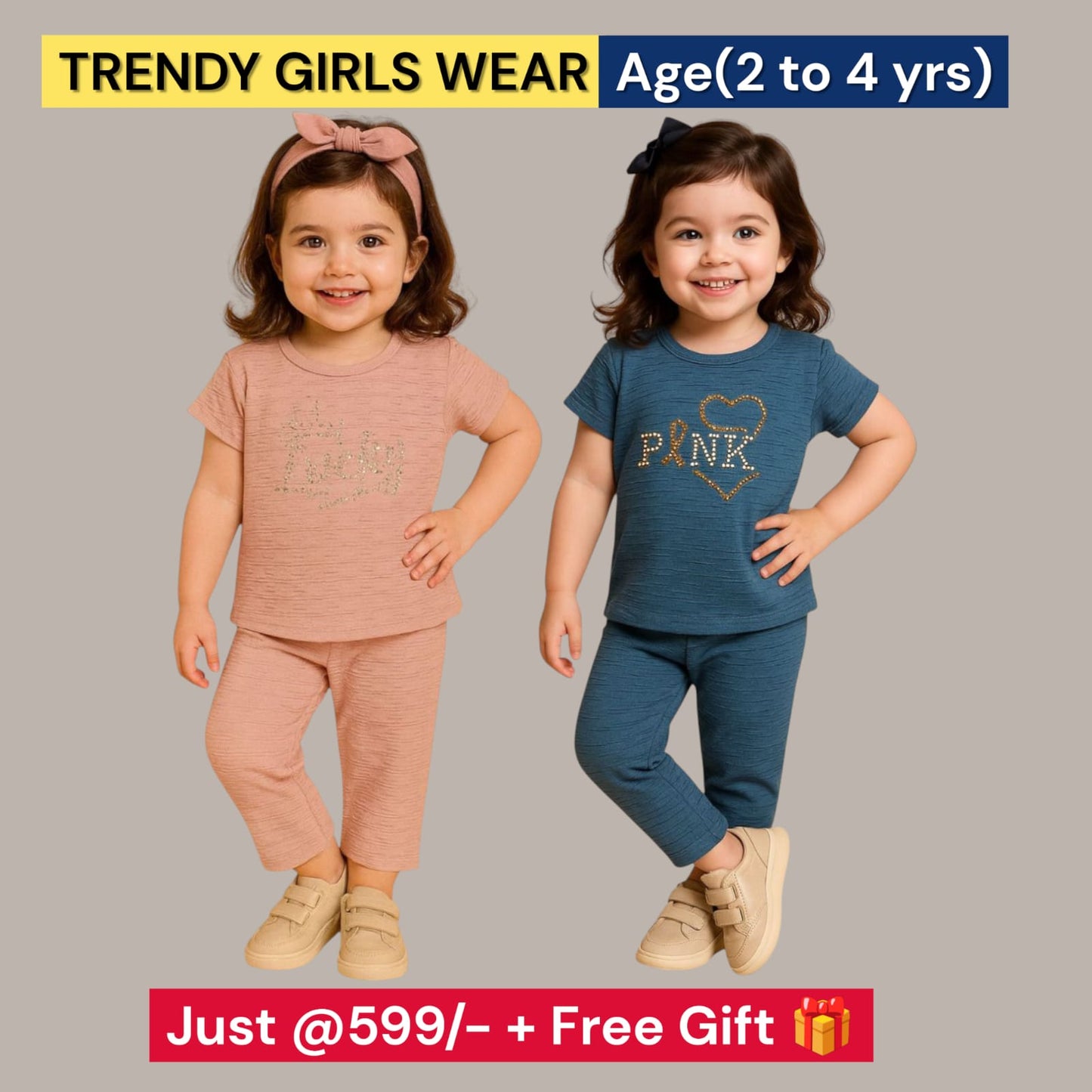 Pack of 2 - Girls' Trendy Outfit Set - Age (2-4yrs)