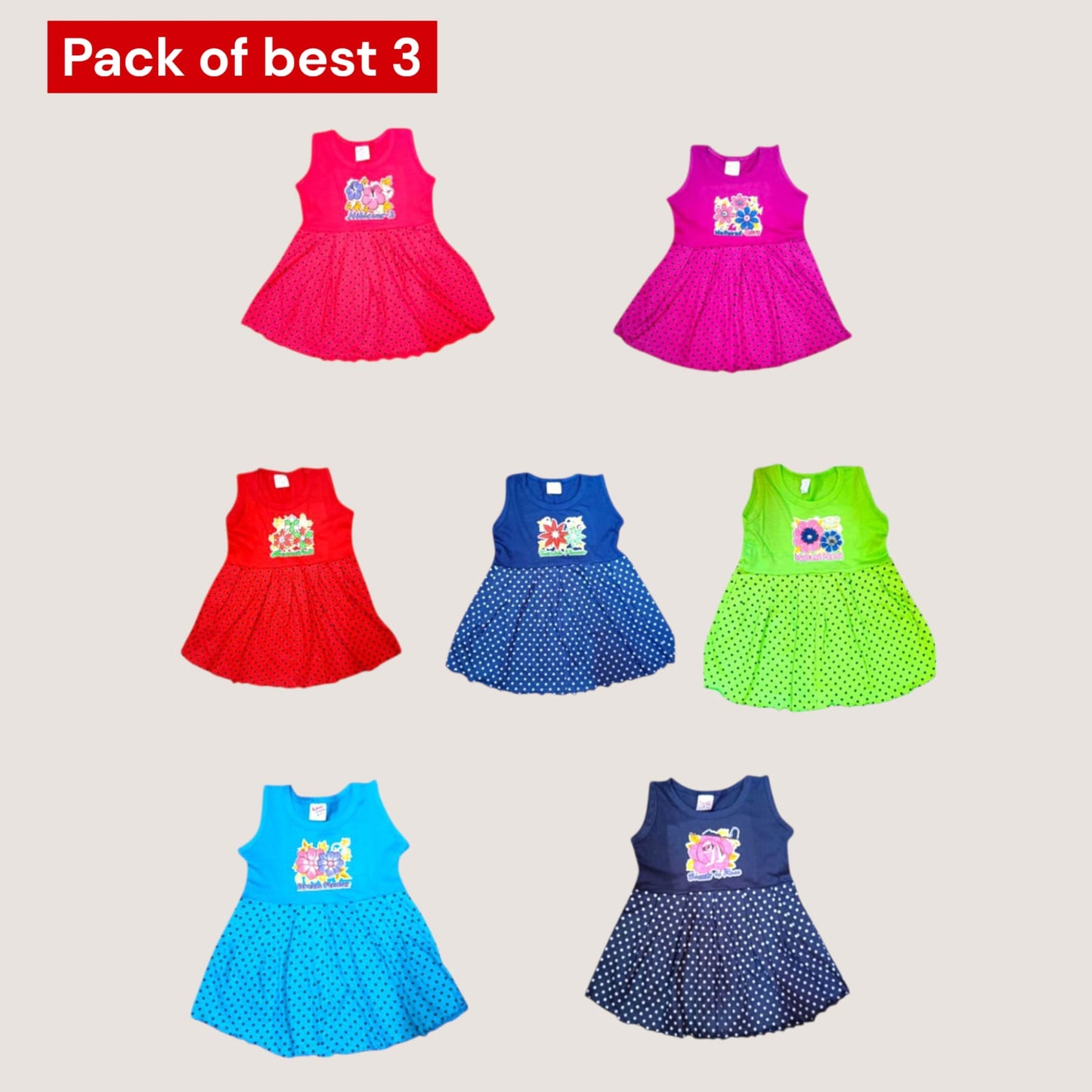 Pack of best 3 - Girls’ Cotton Sleeveless Frock (Age 0-3 yrs)