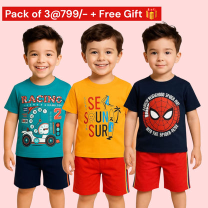 Pack of 3 -Boys Premium Cotton T-Shirt & Shorts Age (1-5 yrs)