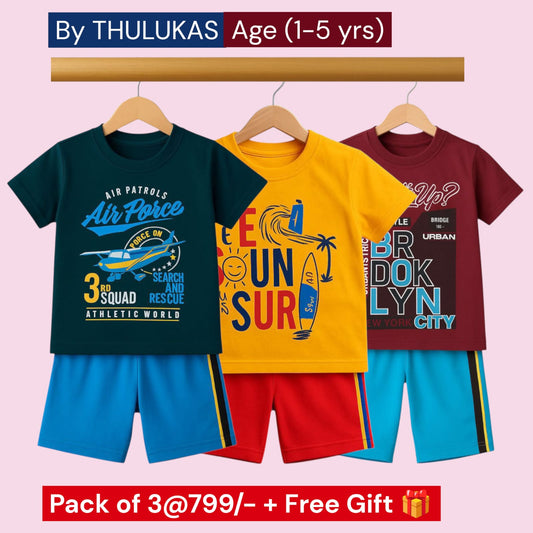 Pack of 3 - Boys Premium Cotton T-Shirt & Shorts Age(1-5 yrs)