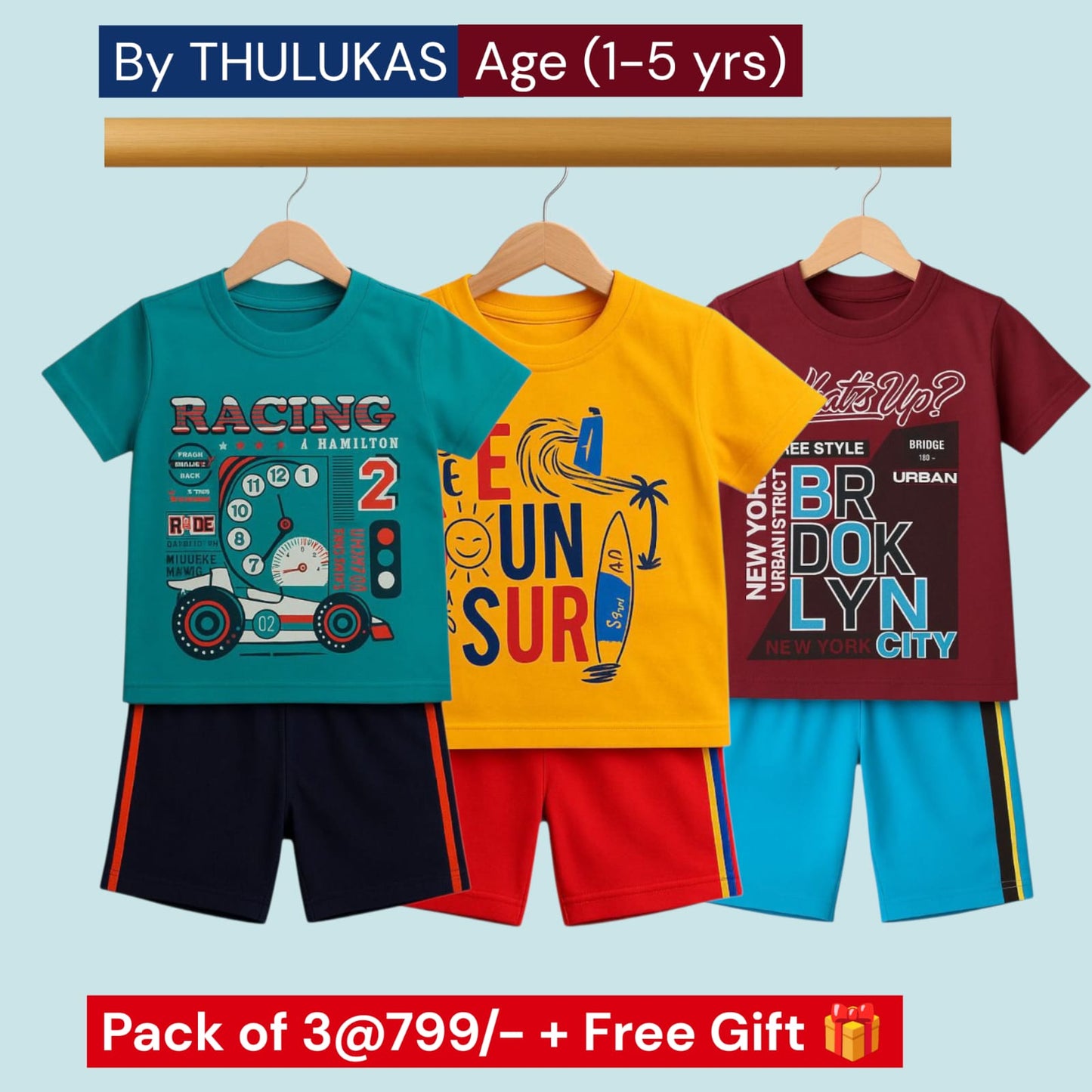Pack of 3 - Boys Premium Cotton T-Shirt & Shorts Age(1-5 yrs)