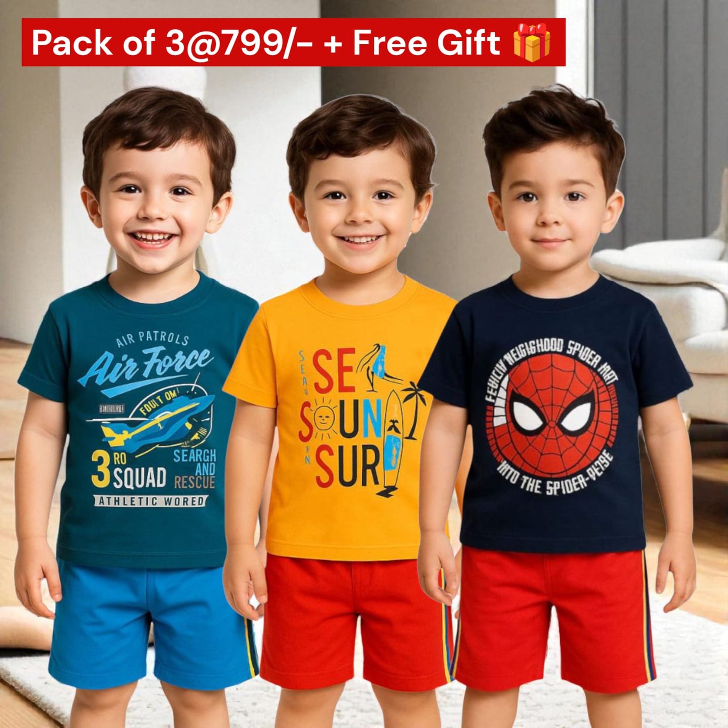 Pack of 3 -Boys Premium Cotton T-Shirt & Shorts Age (1-5 yrs)