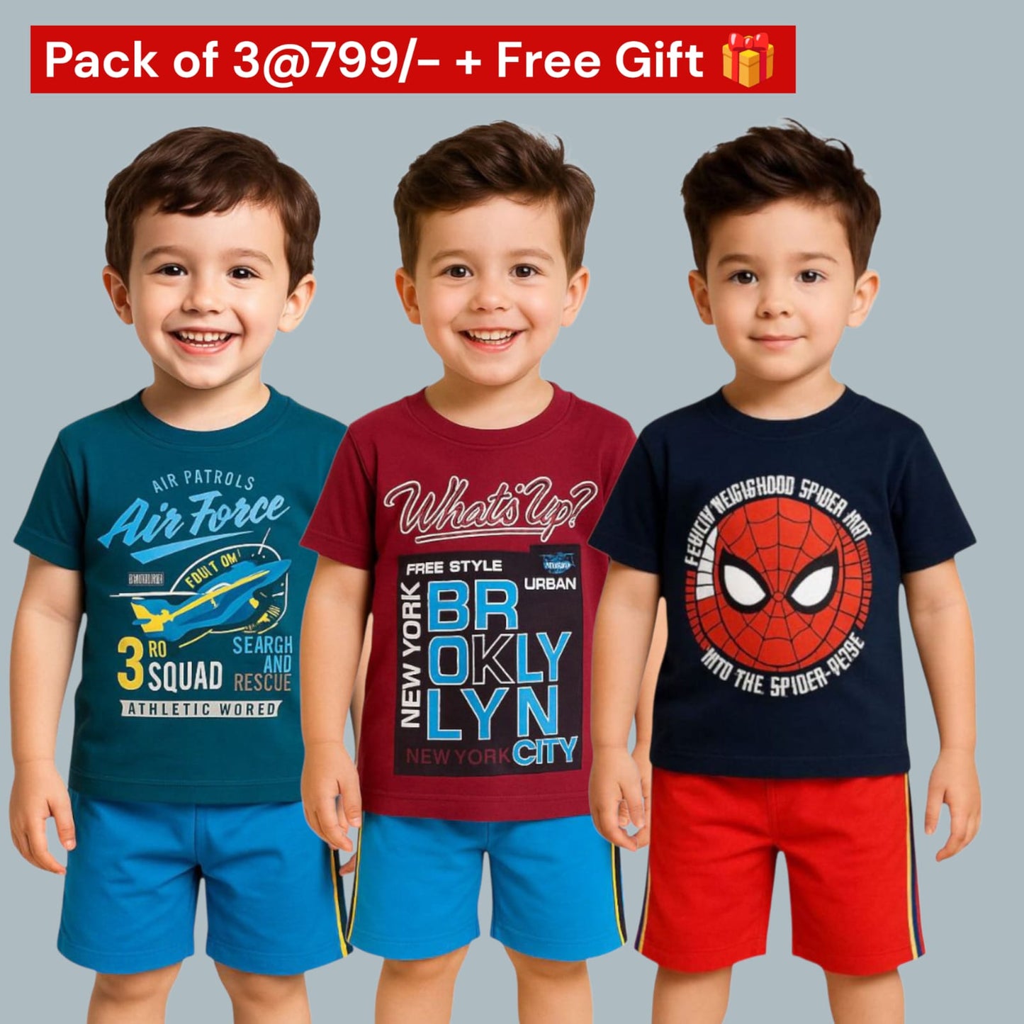 Pack of 3 -Boys Premium Cotton T-Shirt & Shorts Age (1-5 yrs)