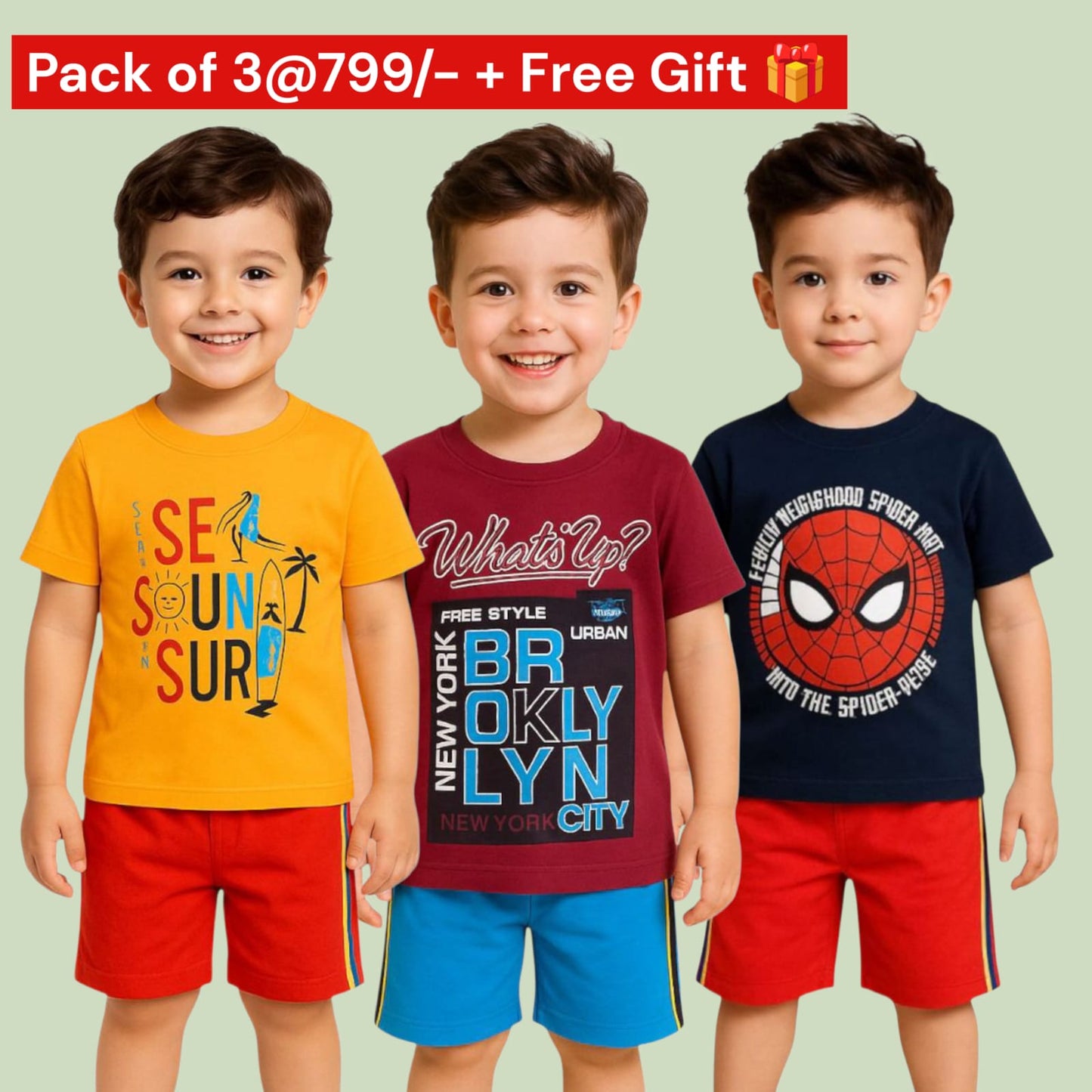 Pack of 3 -Boys Premium Cotton T-Shirt & Shorts Age (1-5 yrs)