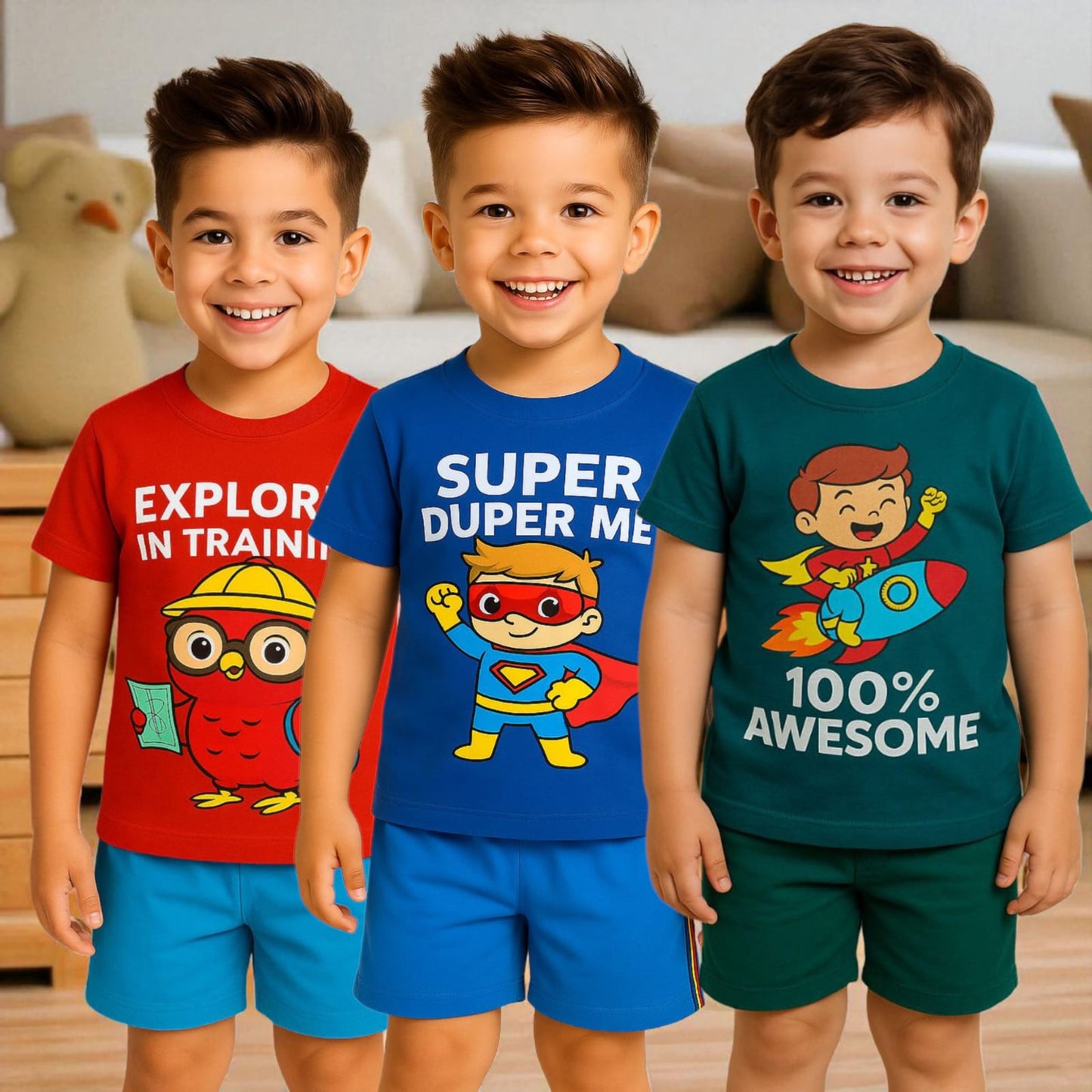 Pack of 3 -Boys Premium Cotton T-Shirt & Shorts Age (1-5 yrs)
