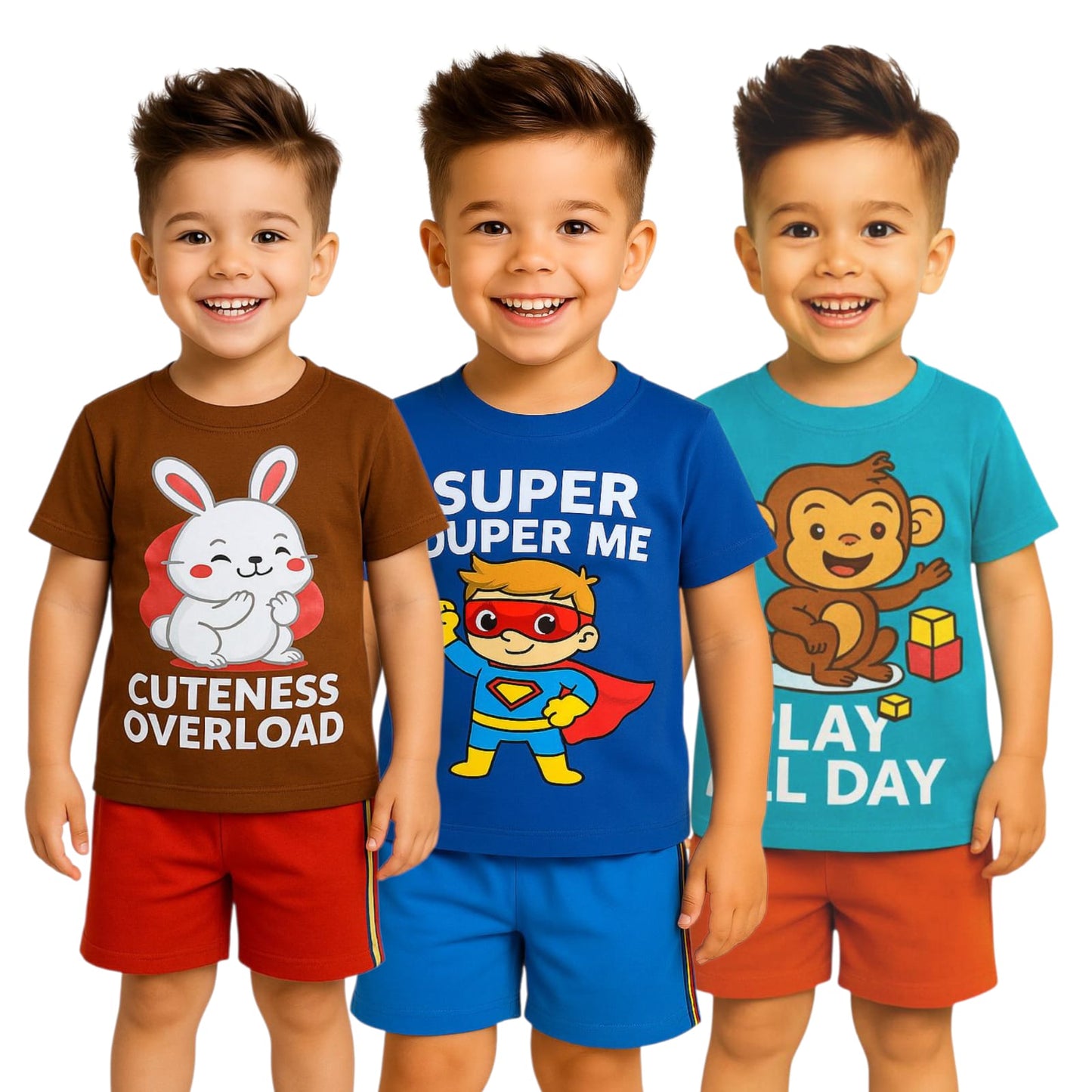 Pack of 3 -Boys Premium Cotton T-Shirt & Shorts Age (1-5 yrs)
