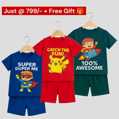 Pack of 3 -Boys Premium Cotton T-Shirt & Shorts Age (1-5 yrs)