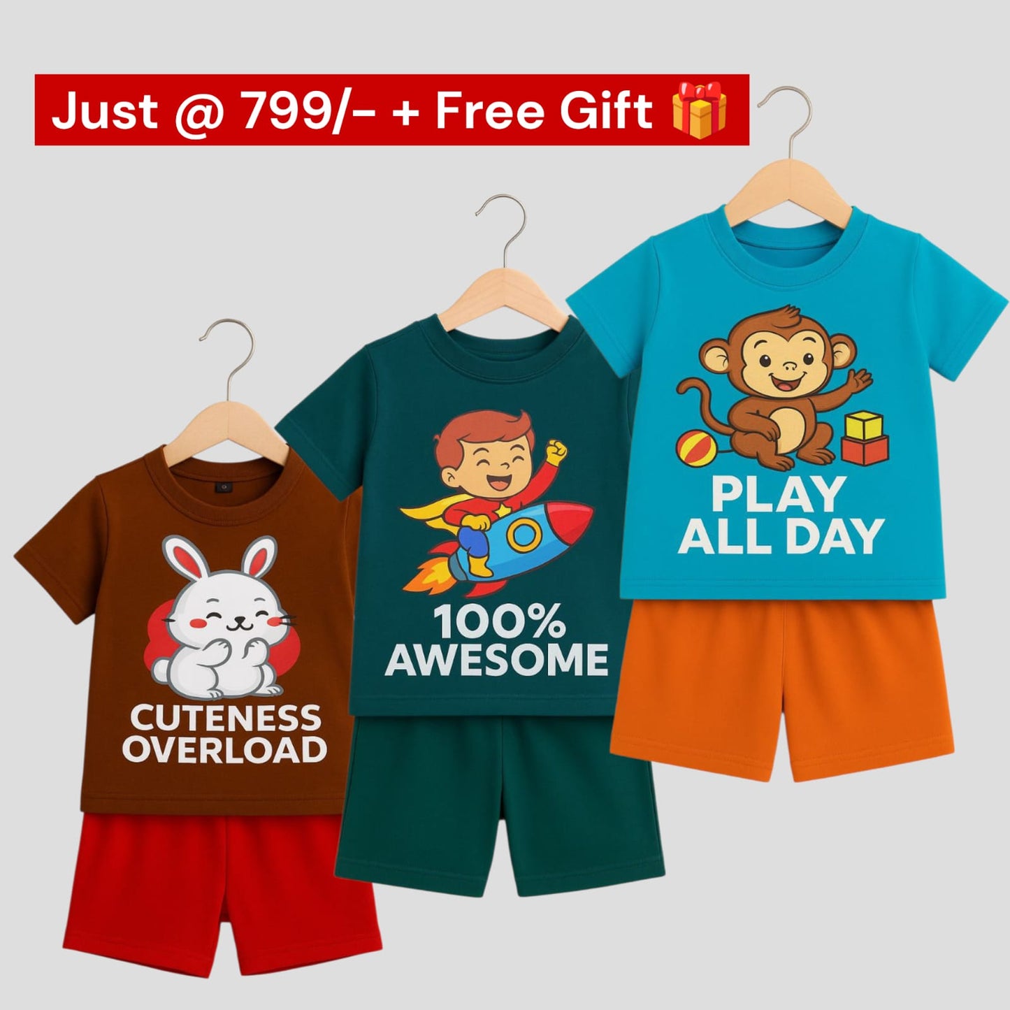 Pack of 3 -Boys Premium Cotton T-Shirt & Shorts Age (1-5 yrs)