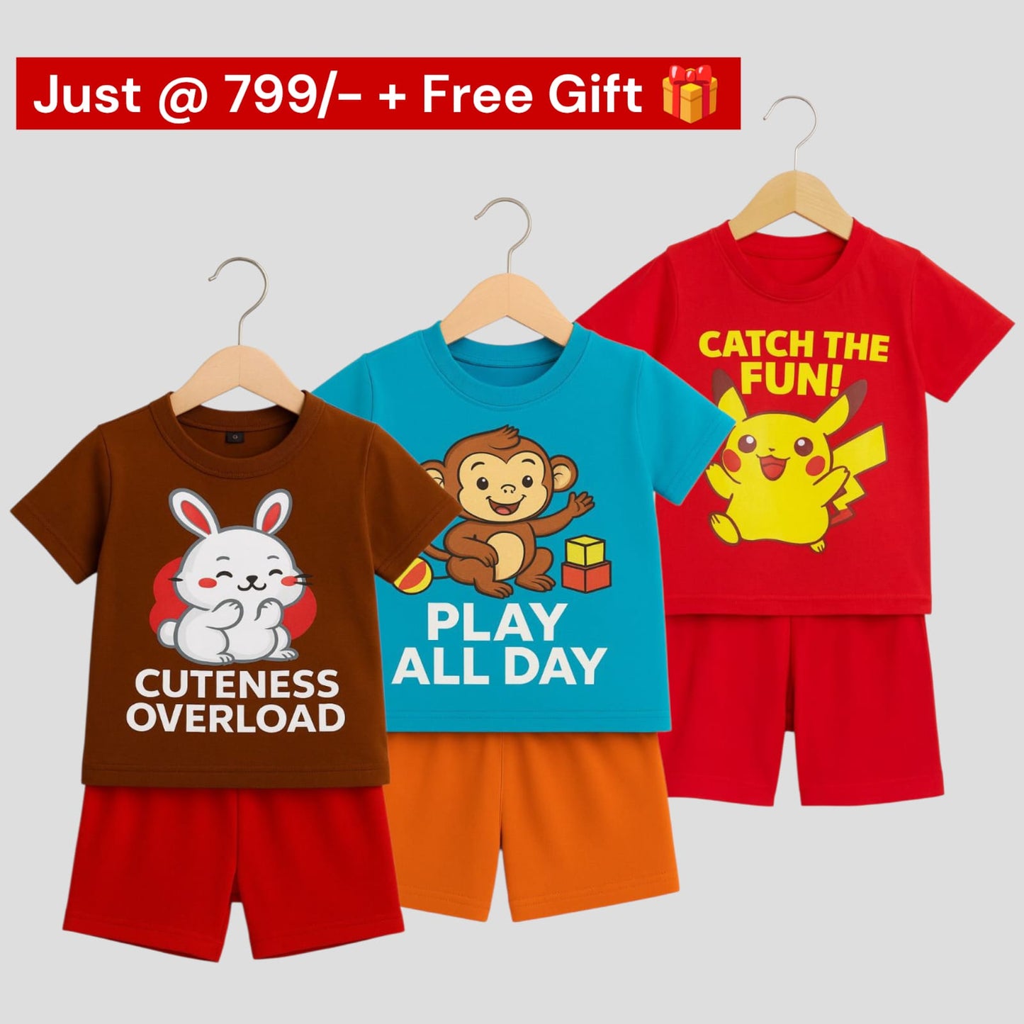 Pack of 3 -Boys Premium Cotton T-Shirt & Shorts Age (1-5 yrs)