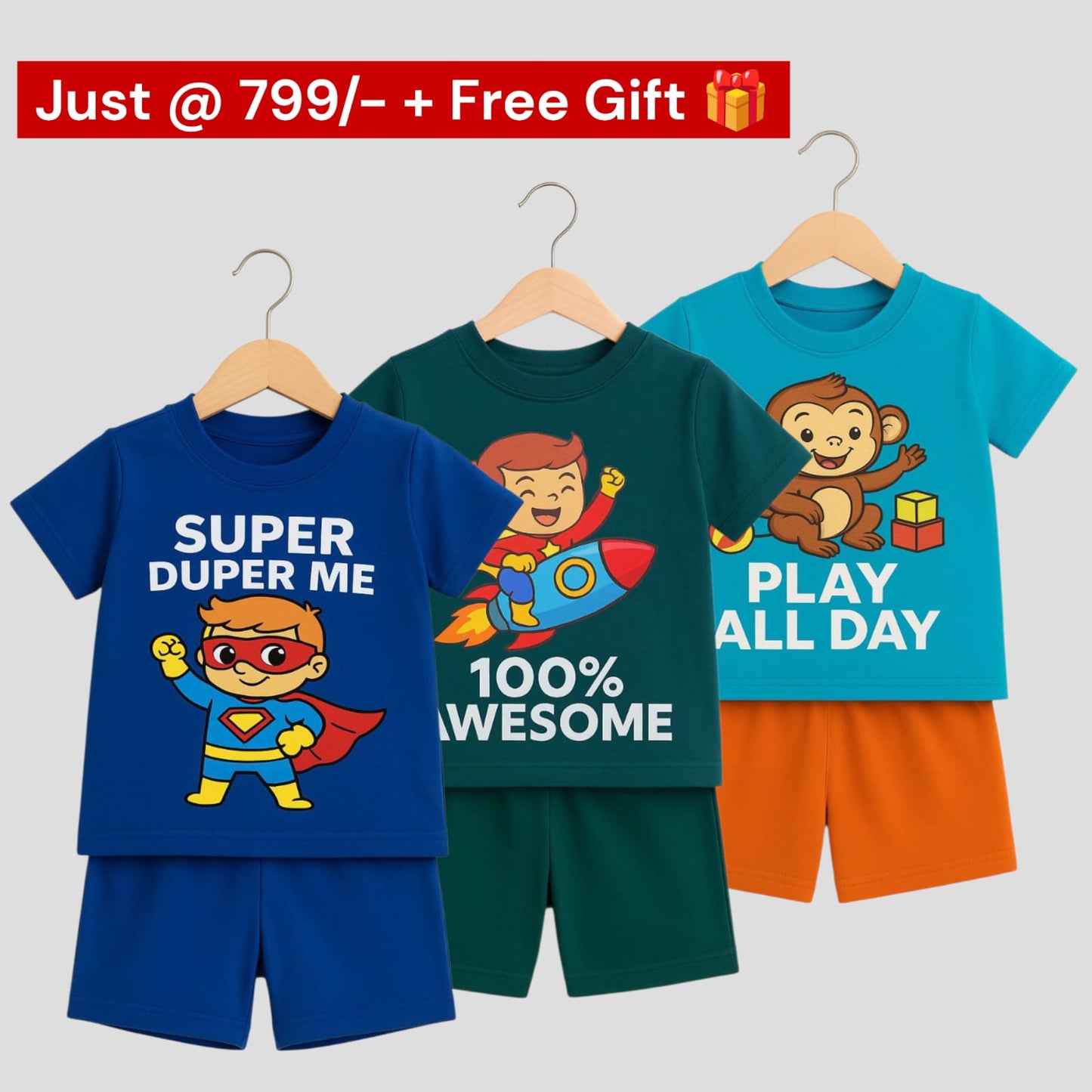 Pack of 3 -Boys Premium Cotton T-Shirt & Shorts Age (1-5 yrs)