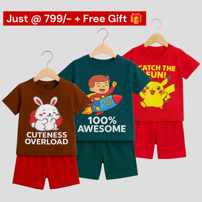 Pack of 3 -Boys Premium Cotton T-Shirt & Shorts Age (1-5 yrs)
