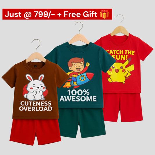Pack of 3 -Boys Premium Cotton T-Shirt & Shorts Age (1-5 yrs)